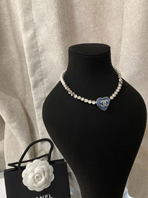 Chanel niebieski serce perła strass naszyjnik-3594  