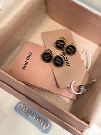 MIUMIU czarny email list metalowe kolczyki okrągłe przycisk-3893  