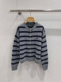 Miu Miu nowy luźno dopasowany paskowy długi rękaw szyja załogi dzianinowy kardigan-5301  