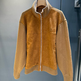 Miu Miu nowe przybycie: Dzianinowy rękaw panelizacja, zip-up, kołnierz stojący kurtka-5370  