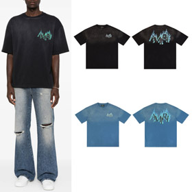 AMIRI strass płomień list druk umyta koszulka z krótkim rękawem-5865  